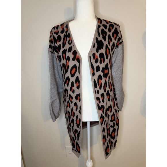 THML Leopard Print Cardigan Sweater Long Open Front Beige Black Orange Sz L - Picture 1 of 7